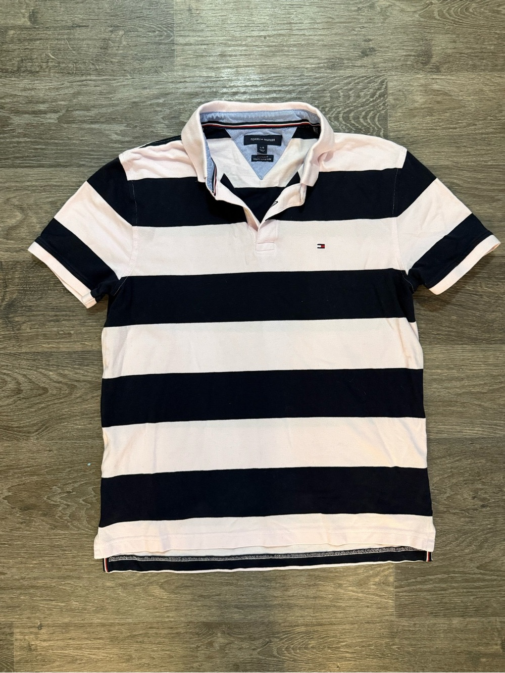 Tommy Hilfiger Men’s Pale Pink and Navy Wide-Stripe Polo
